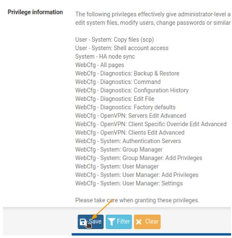 Pfsense user permissions - User Management and Authentication. Default Username and Password; Privileges; Manage Local Users; Manage Local Groups; Authentication Servers; Settings; Logging Out of the GUI; User Manager Support; Certificate Management; Firewall; Network Address Translation; Routing; Bridging; Virtual LANs (VLANs) Multiple WAN Connections; Virtual Private ...